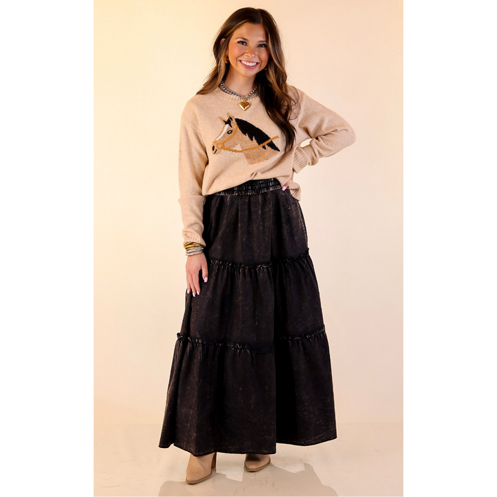 Boho Bliss Acid Wash Tiered Ruffle Maxi Skirt in Ash Black