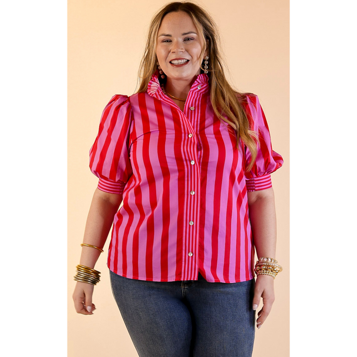 Bold Bliss Button Front Stripe Top with Puff Sleeves and Ruffle Collar in Pink and Red