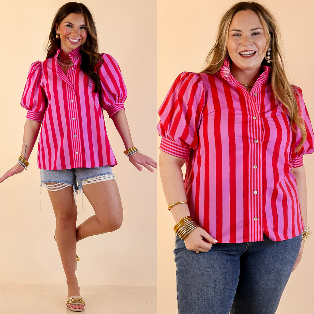 Models are wearing Button Front Stripe Top with Puff Sleeves and Ruffle Collar in Pink and Red with bottoms against a beige backdrop.