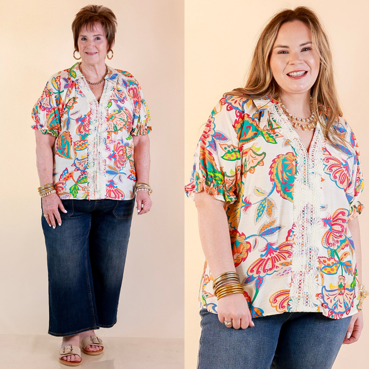 Models are wearing Floral Print Lace Front Top with Collar with Puff Sleeves in Cream Mix with jeans against a beige backdrop. 
