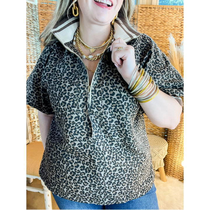 Bold Instincts Leopard Print Half Zip Top with Puff Sleeves in Brown and Cream