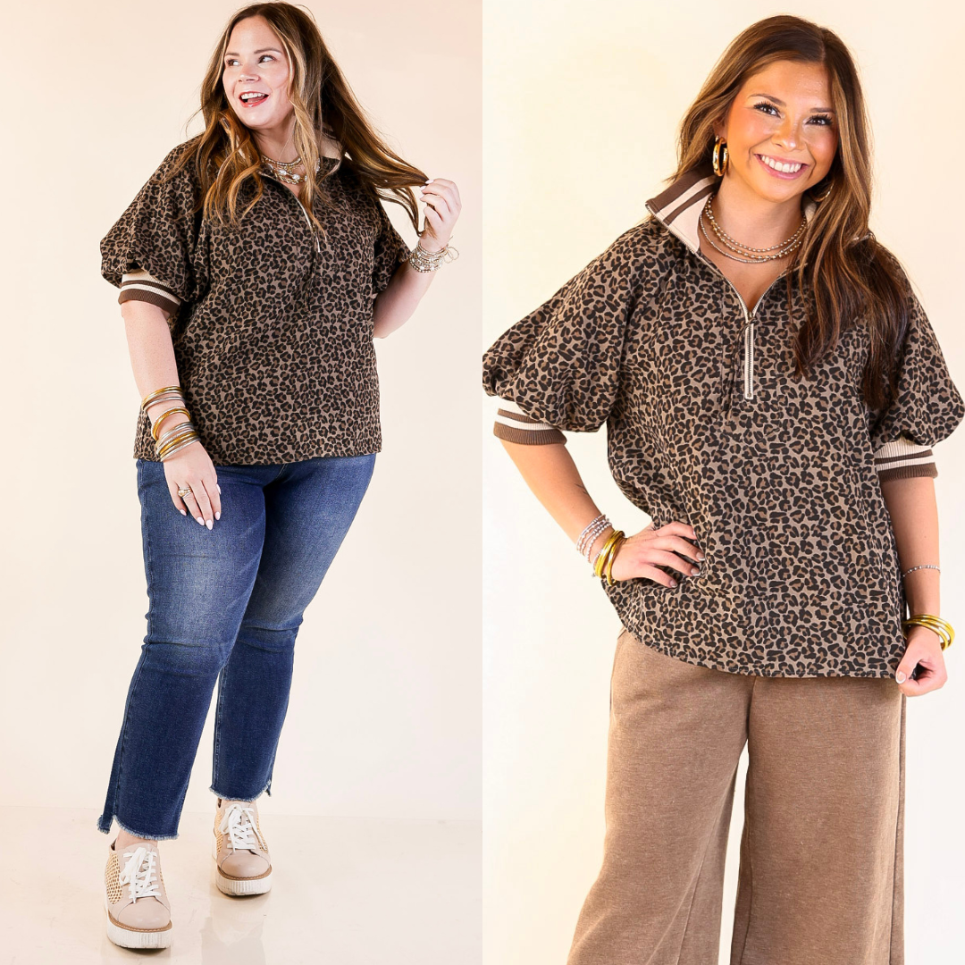 Women wearing leopard print half zip tops with different pants on a plain background