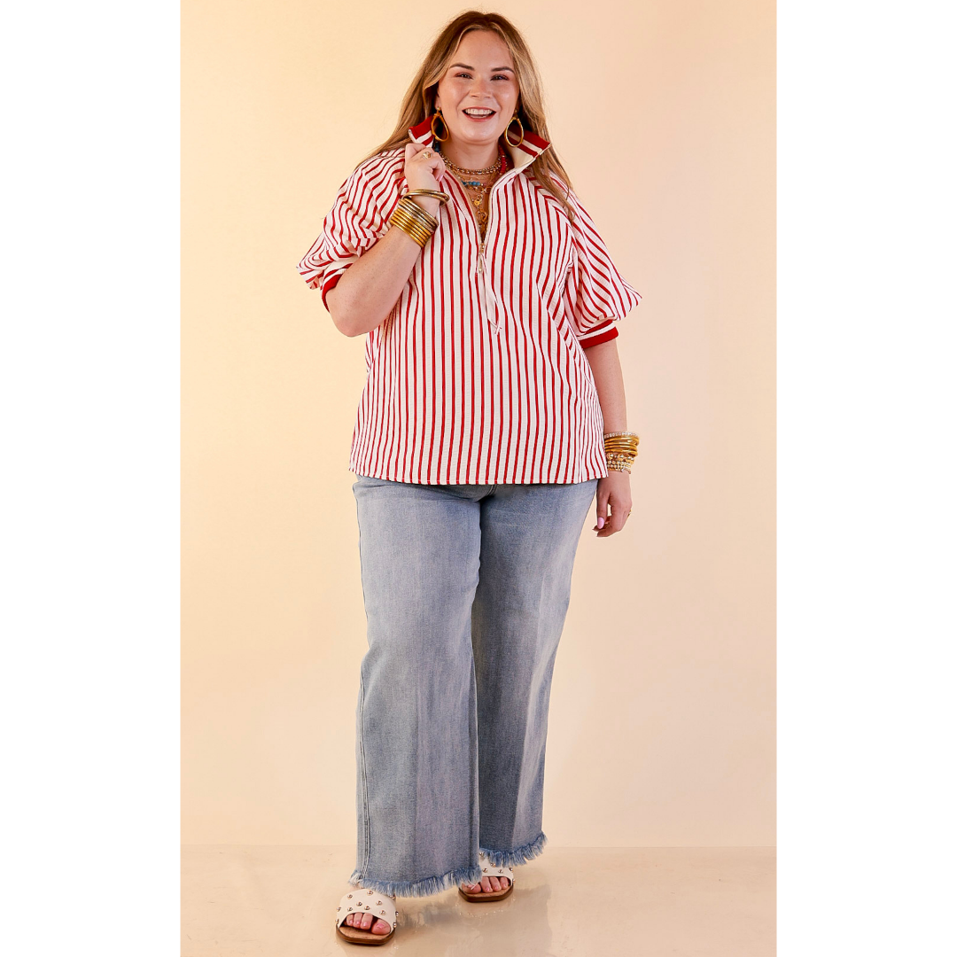 Bold Instincts Striped Print Half Zip Top with Puff Sleeves in Red and Ivory