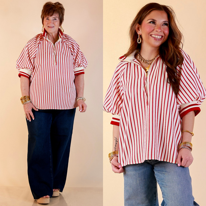 Bold Instincts Striped Print Half Zip Top with Puff Sleeves in Red and Ivory