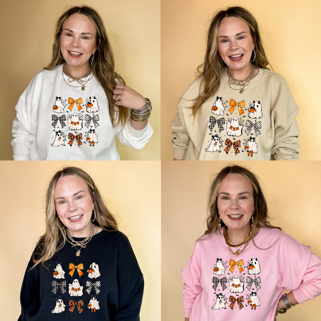 Online Exclusive | Boo-tiful Bow Icon and Trick Or Treating Ghost Graphic Sweatshirt in Multiple Color Options