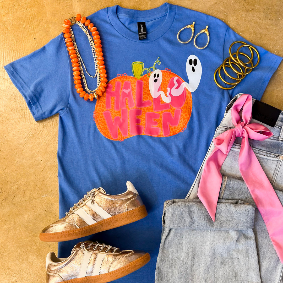 Boo Thing Colorful Leopard Print Pumpkin and Ghost Halloween Graphic Tee in Periwinkle Blue