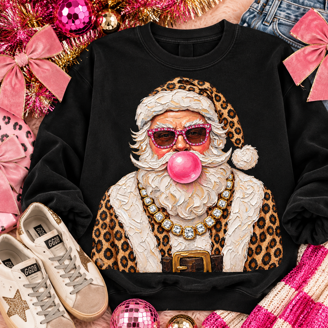 Boujee Classic Leopard Santa Christmas graphic tee or sweatshirt on black with a bubblegum Santa in pink sunglasses with a leopard coat and pearls