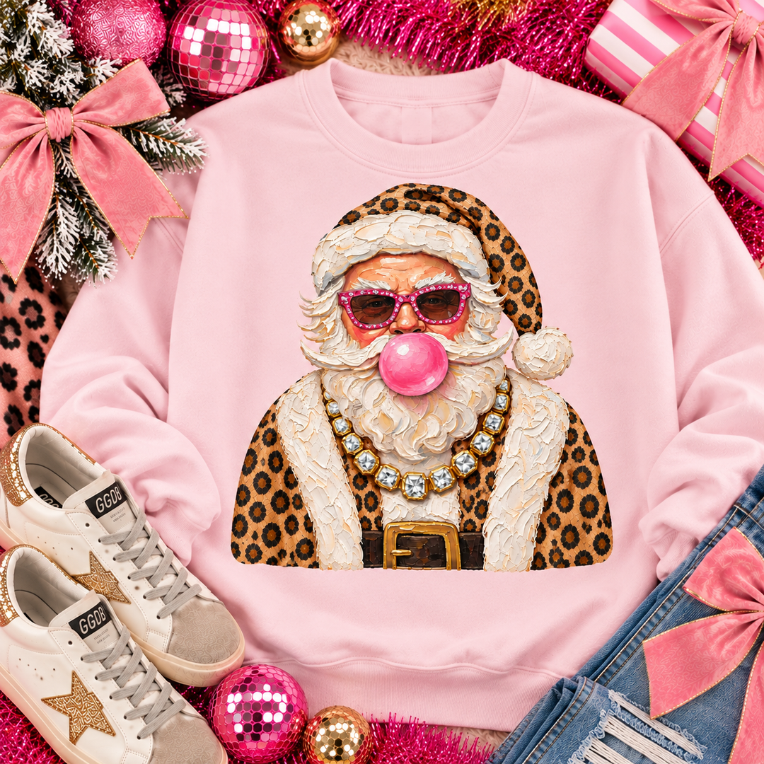 Boujee Classic Leopard Santa Christmas graphic tee or sweatshirt on light pink with a bubblegum Santa in pink sunglasses with a leopard coat and pearls