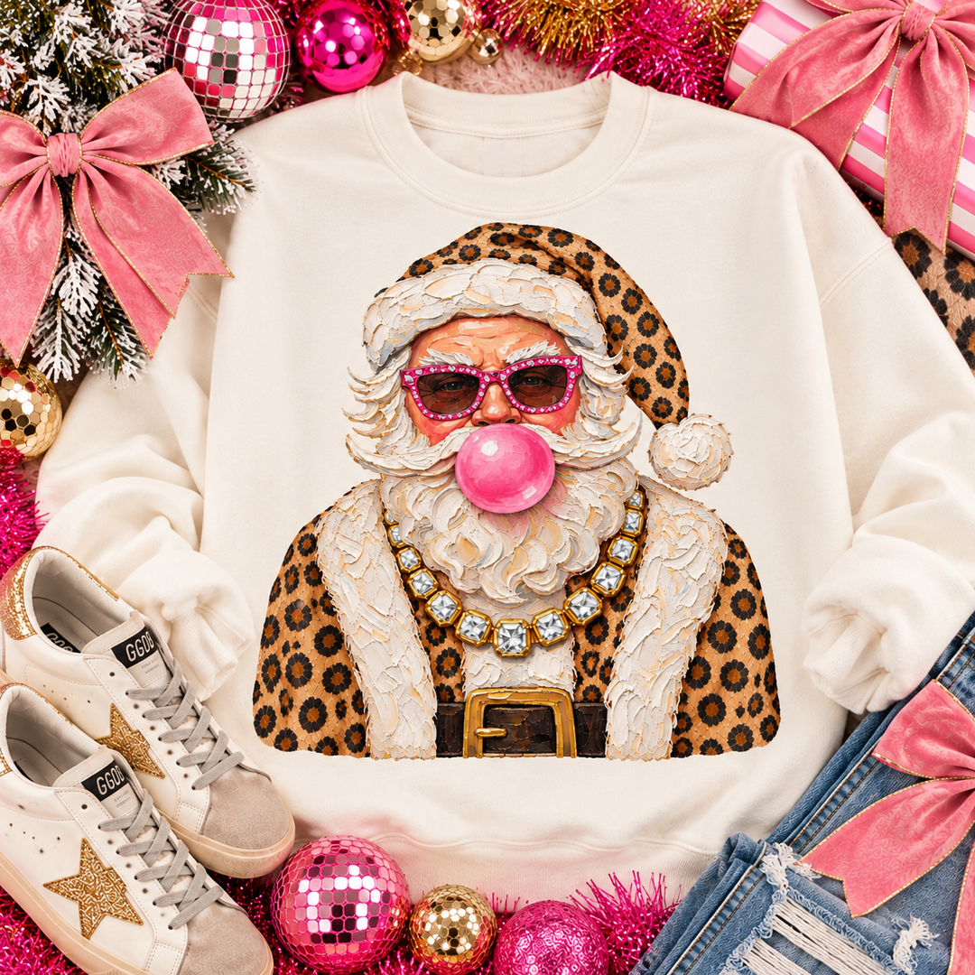 Boujee Classic Leopard Santa Christmas graphic tee or sweatshirt on white with a bubblegum Santa in pink sunglasses with a leopard coat and pearls