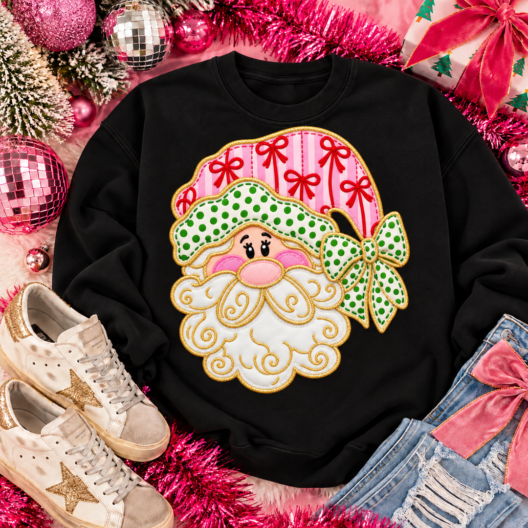 Bow Hat Santa Christmas graphic tee or sweatshirt on black with Santa in a pink hat with red bows and a green polka dot bow