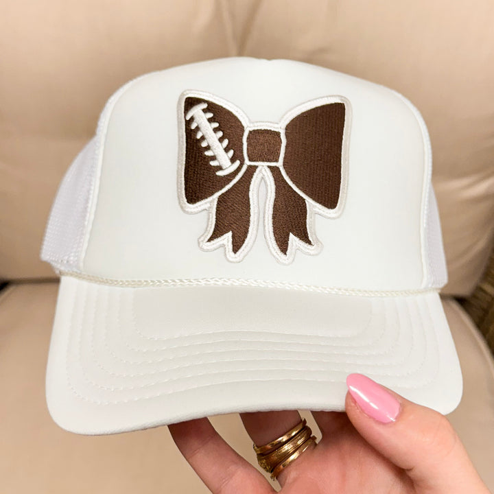 Bow and Goal Mesh Trucker Hat in White and Brown