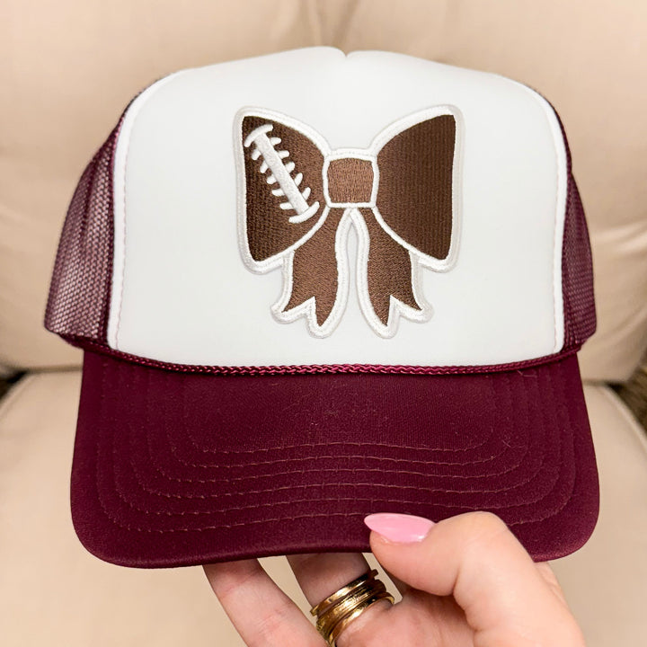 Huddle Bow Mesh Trucker Hat in Maroon and White