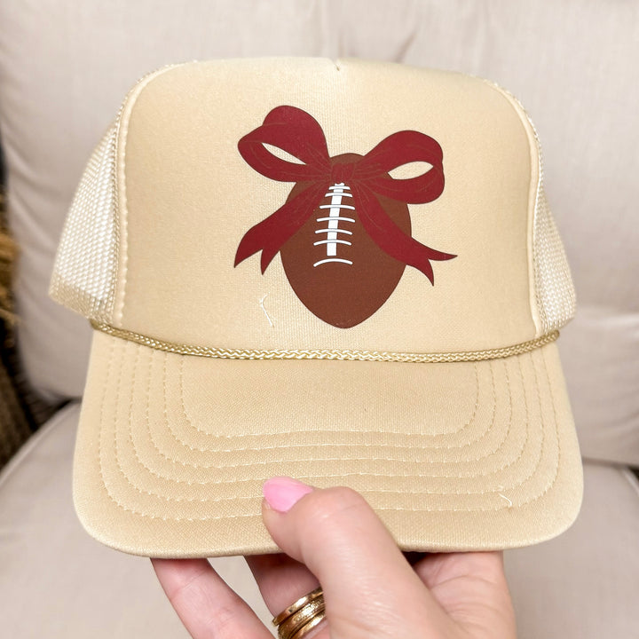 Bowin' Down The Field Mesh Trucker Hat in Tan and Maroon