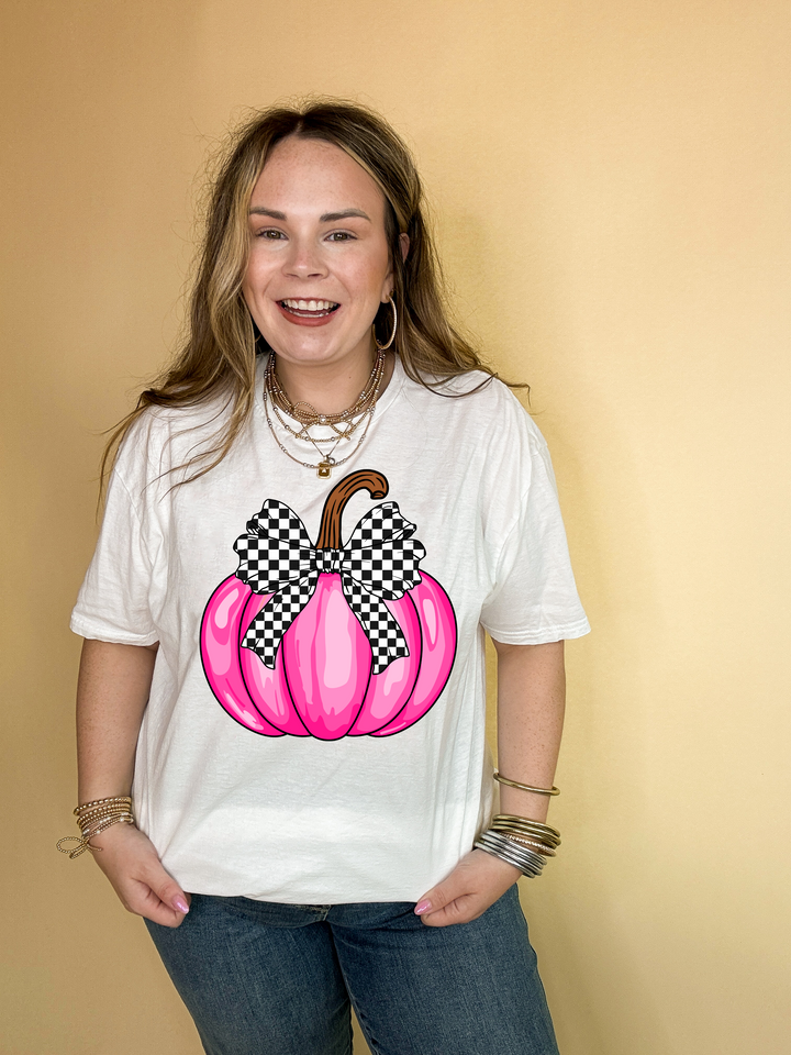Online Exclusive | Pretty in Pink Hot Pink Pumpkin with Checkered Bow Graphic Tee in Multiple Color Options