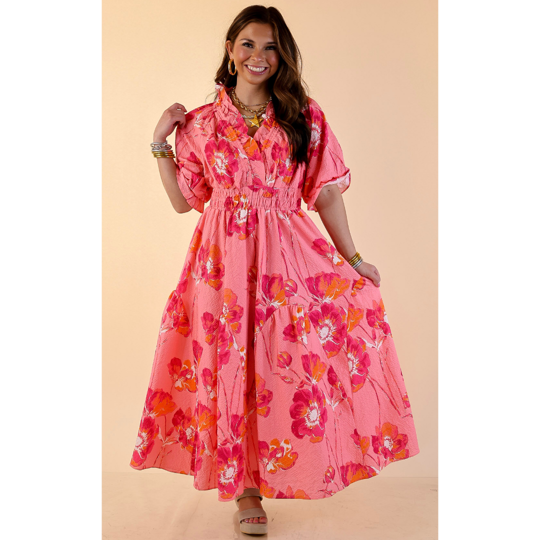 Breezy Belle Floral Print Textured Puff Sleeve Midi Dress with Smocked Waist in Pink Mix
