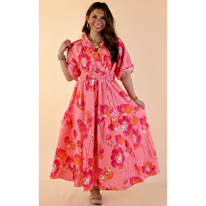 Breezy Belle Floral Print Textured Puff Sleeve Midi Dress with Smocked Waist in Pink Mix