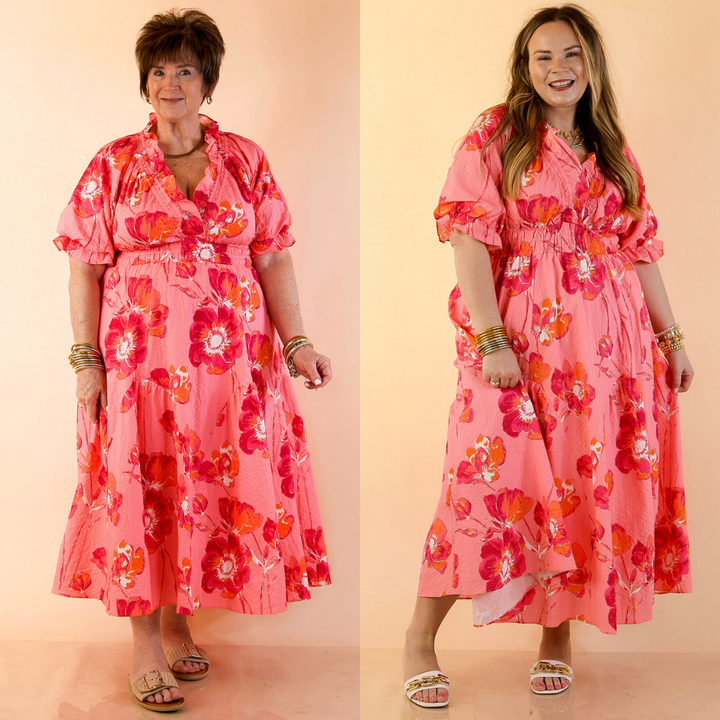 Breezy Belle Floral Print Textured Puff Sleeve Midi Dress with Smocked Waist in Pink Mix