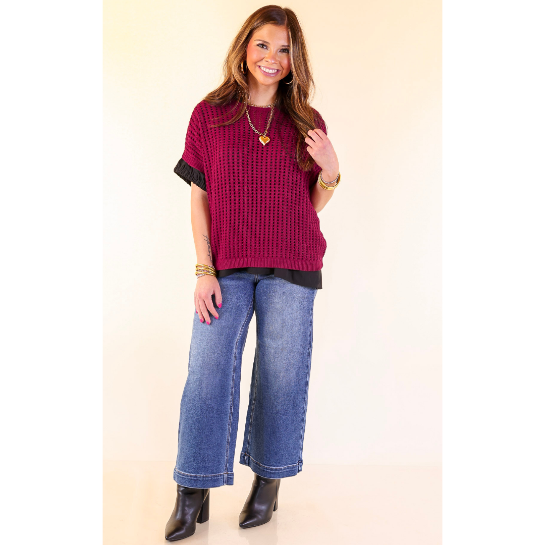 Breezy Intentions Open Knit Short Sleeve Sweater in Maroon
