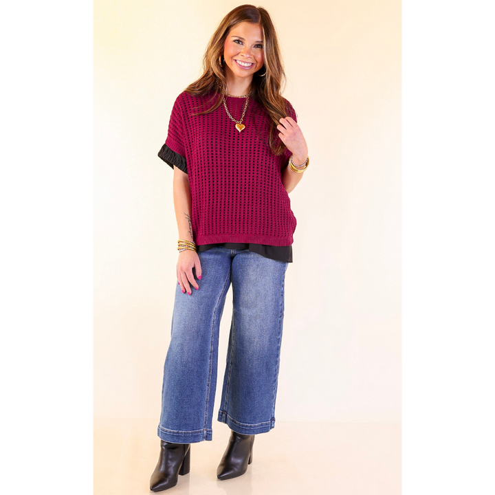 Breezy Intentions Open Knit Short Sleeve Sweater in Maroon