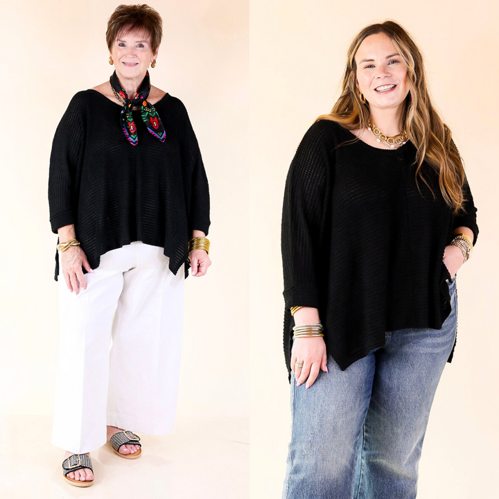 Breezy, effortless, and made to move. This waffle knit blouse features 3/4 cuffed sleeves, side slits, and a loose, poncho-style fit. Sizes S/M to 2X/3X.