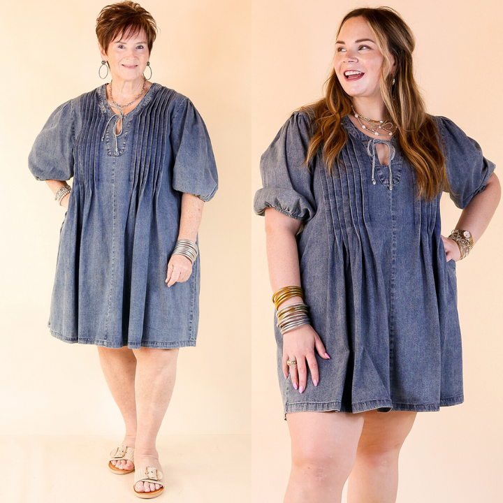 This dress features a V-neck, front patch pockets, and seam detailing in a dark wash—easy, flattering, and made for everyday wear. Sizes small through plus sizes 