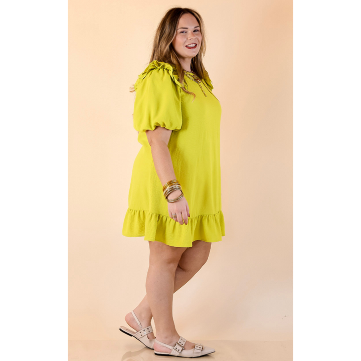 Brighter Days Ahead Textured Fabric Ruffle Sleeve Solid Dress in Chartreuse Green