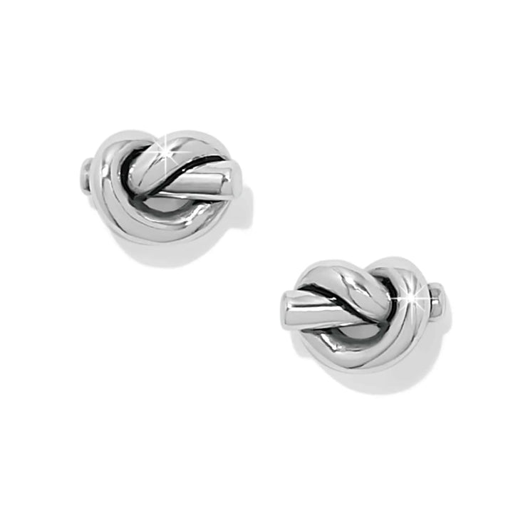 Silver knot-shaped earrings on a white background