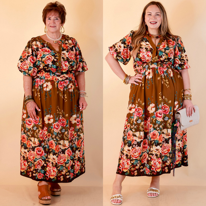 Brunch with the Girls Puff Sleeve Smocked Waist Floral Print Tiered Midi Dress in Chocolate Brown Multi