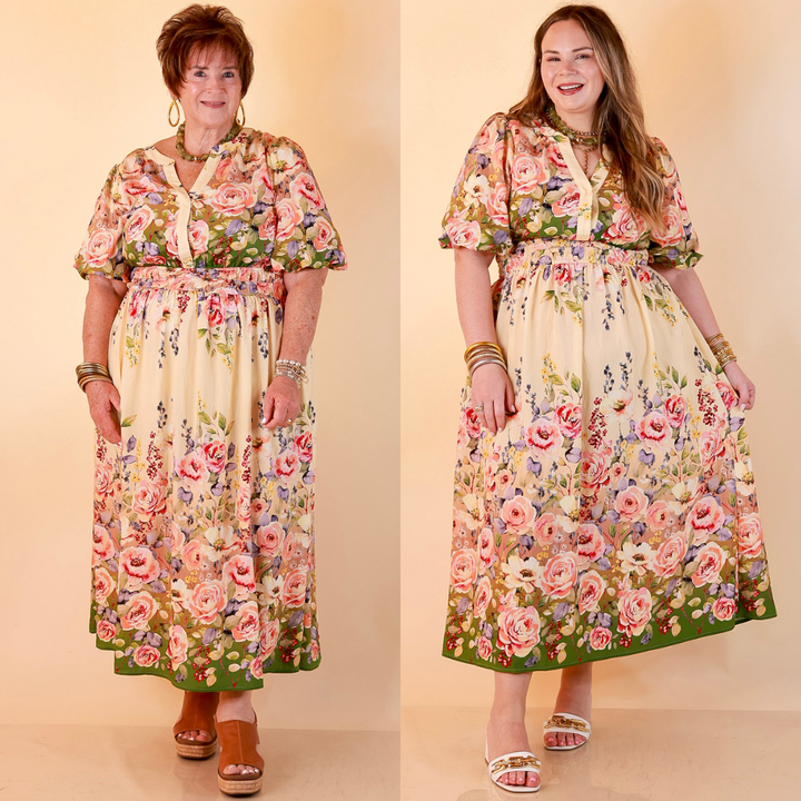 Brunch with the Girls Puff Sleeve Smocked Waist Floral Print Tiered Midi Dress in Ivory and Olive Green Multi