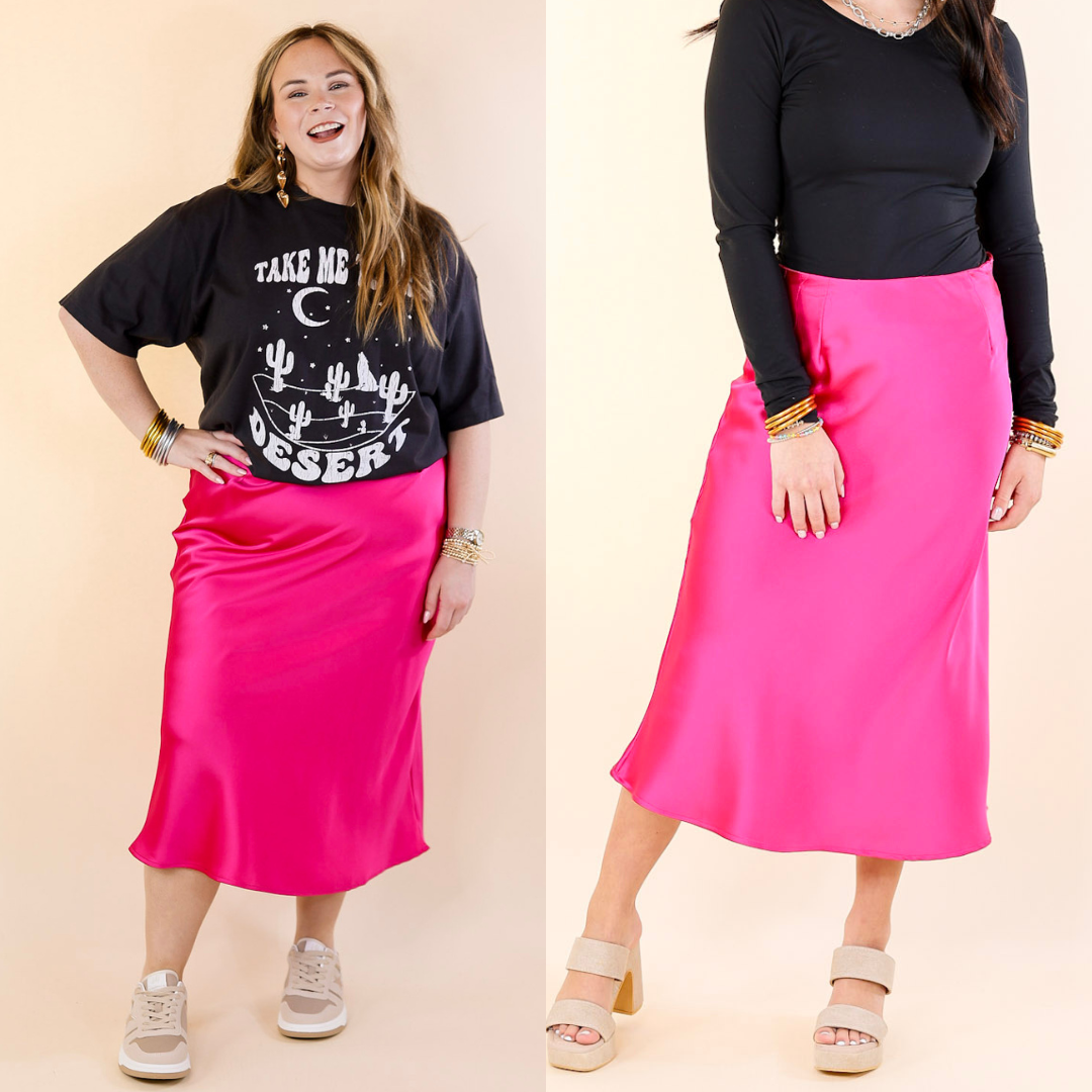 Bubbly And Blissful Satin Midi Skirt in Fuchsia Pink