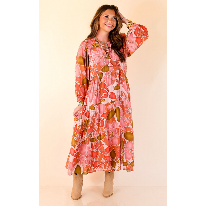 Budding Beauty Floral Print Midi Dress in Pink and Olive Green Mix