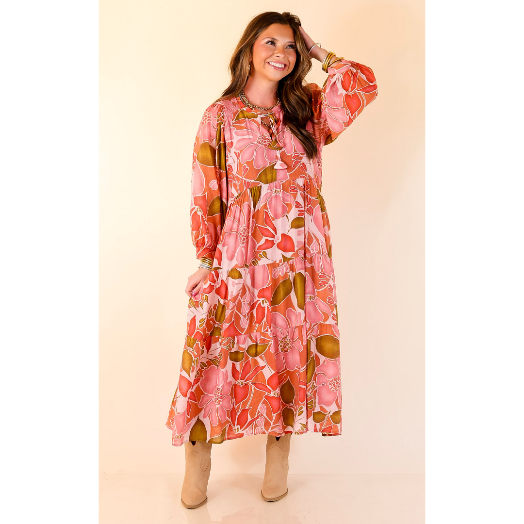Tiered Midi Dress with 3/4 Balloon Sleeves in Pink and Olive Floral S Tiered Midi Dress with 3/4 Balloon Sleeves in Pink and Olive Floral S
