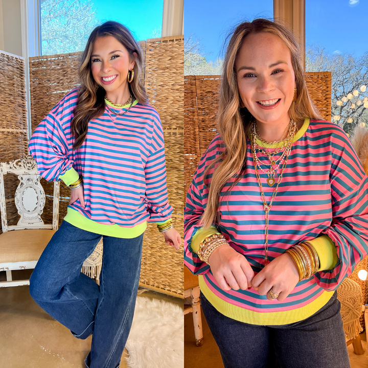 Built In Style Striped Long Sleeve with Trim Top in Pink and Blue Stripe with Lime Green
