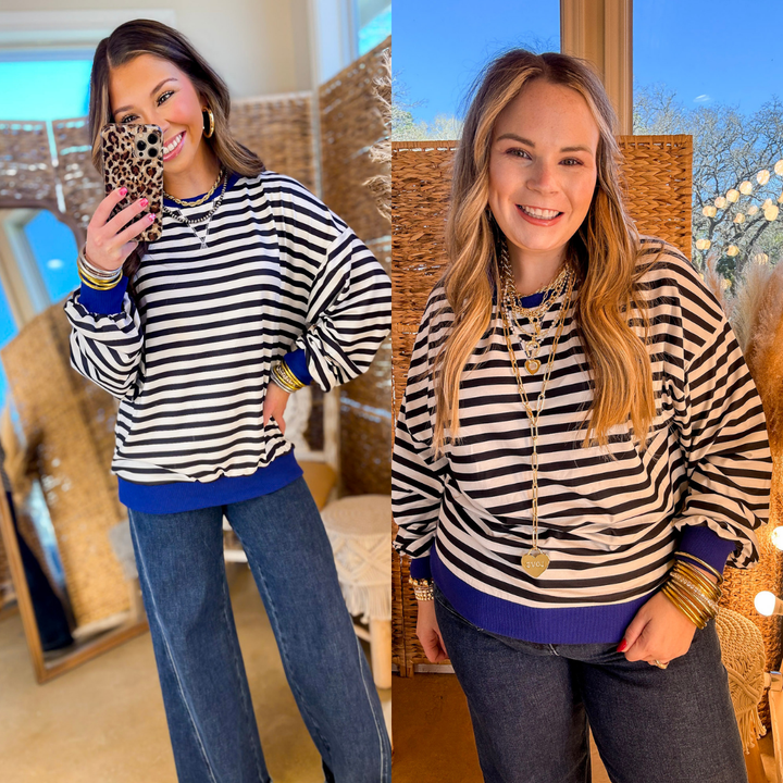 Built In Style Striped Long Sleeve with Trim Top in Black and White Stripes with Royal Blue