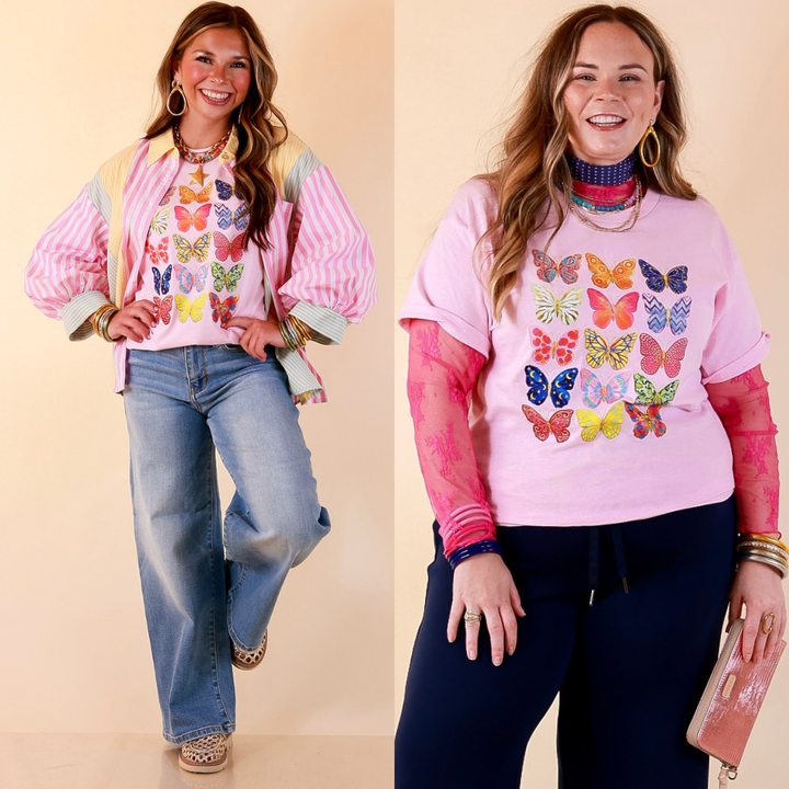 Butterfly Season Multi Print Butterflies Short Sleeve Graphic Tee in Light Pink