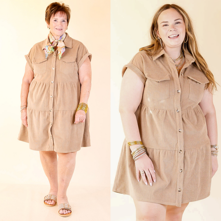Latest Obsession Button Up Corduroy Dress in Taupe Brown