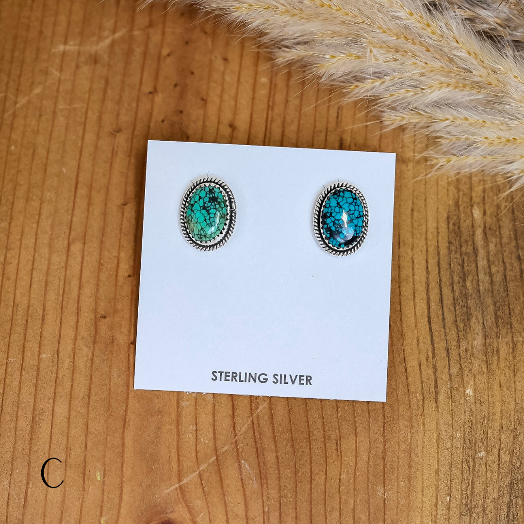 Navajo | Navajo Handmade Sterling Silver Oval Stud Earrings in Turquoise