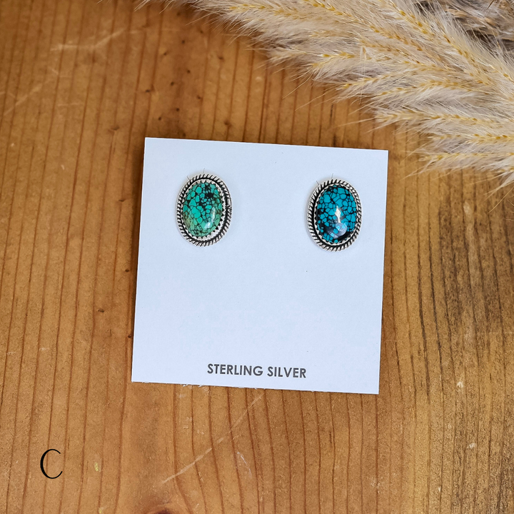 Navajo | Navajo Handmade Sterling Silver Oval Stud Earrings in Turquoise