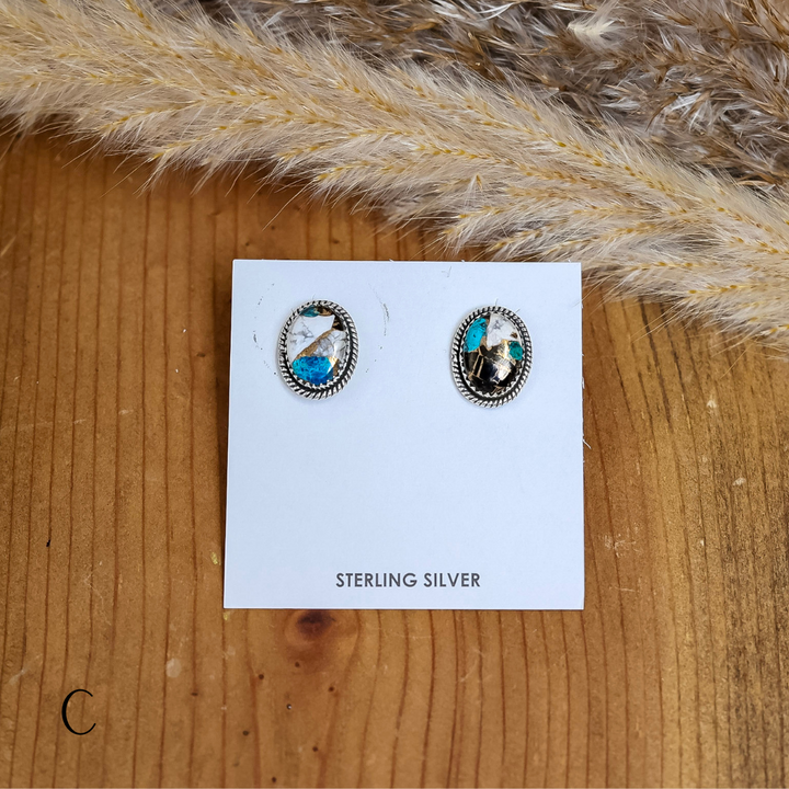 Navajo | Navajo Handmade Sterling Silver Oval Stud Earrings in Turquoise Mix