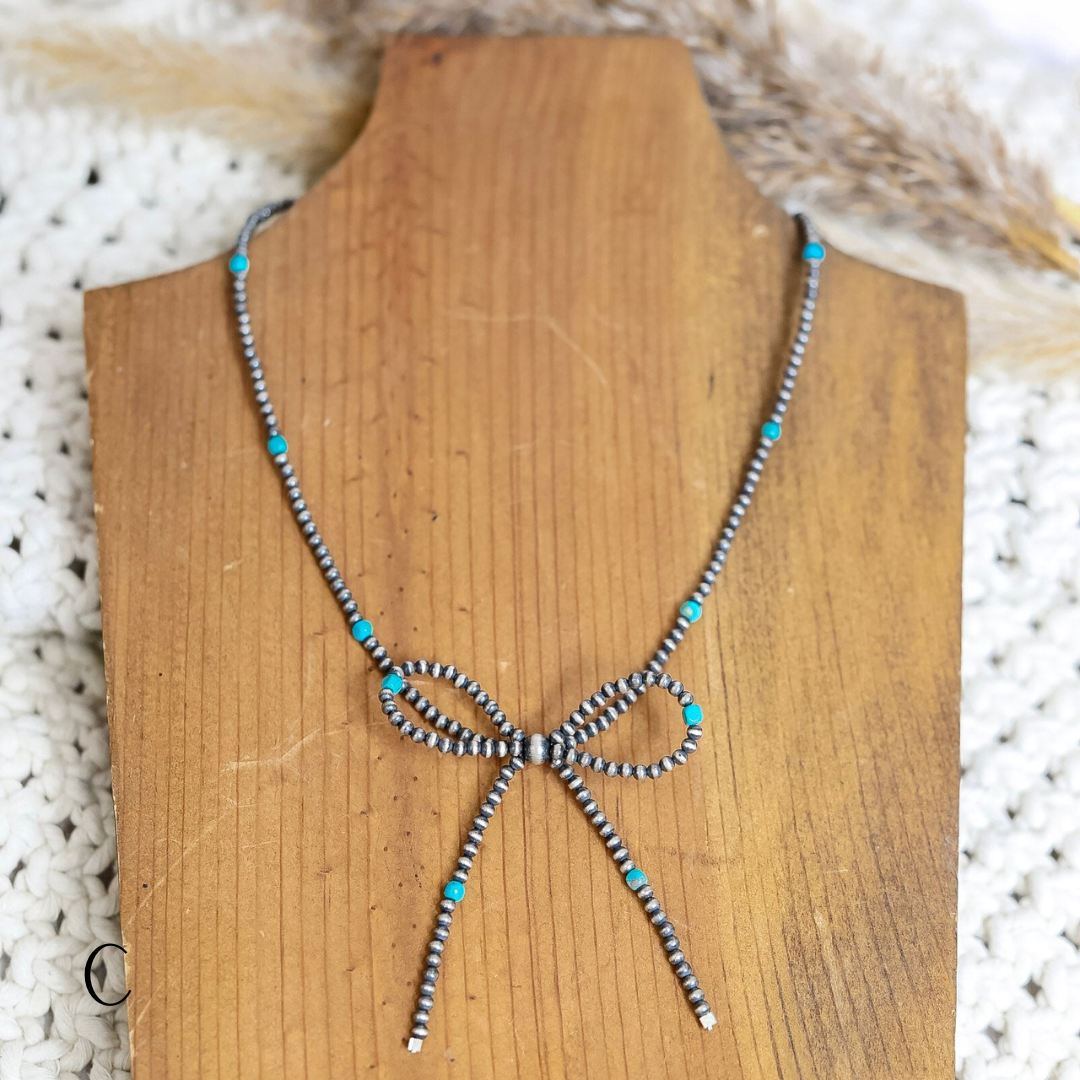 Navajo | Navajo Handmade Sterling Silver Turquoise Pearl Bow Necklace