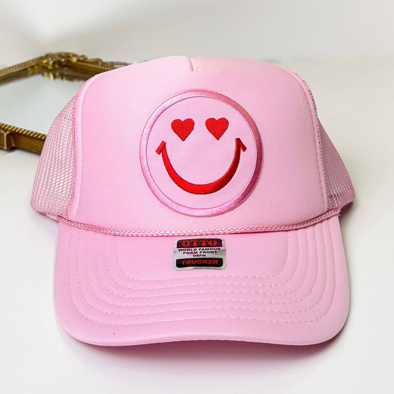 Heart Eyes Happy Face Foam Trucker Hat in Light Pink - Giddy Up Glamour Boutique