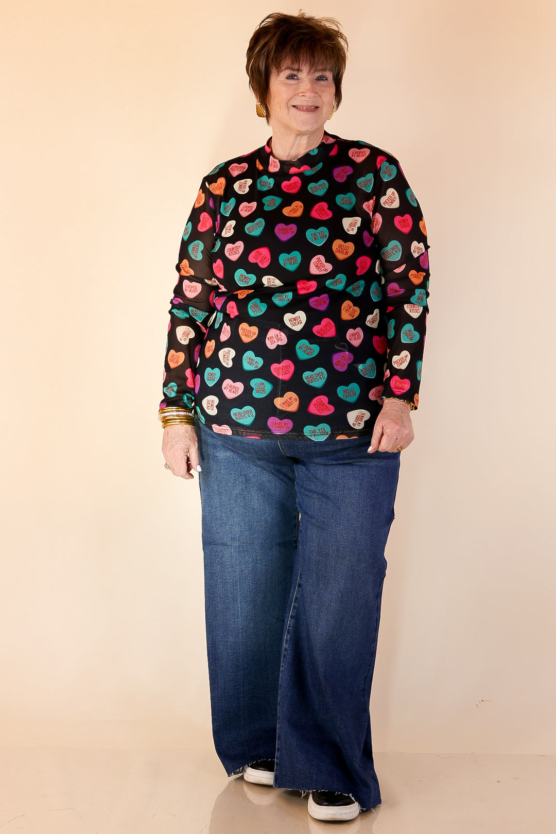 Sheer Confidence Western Theme Conversation Heart Print Mesh Long Sleeve Top in Black