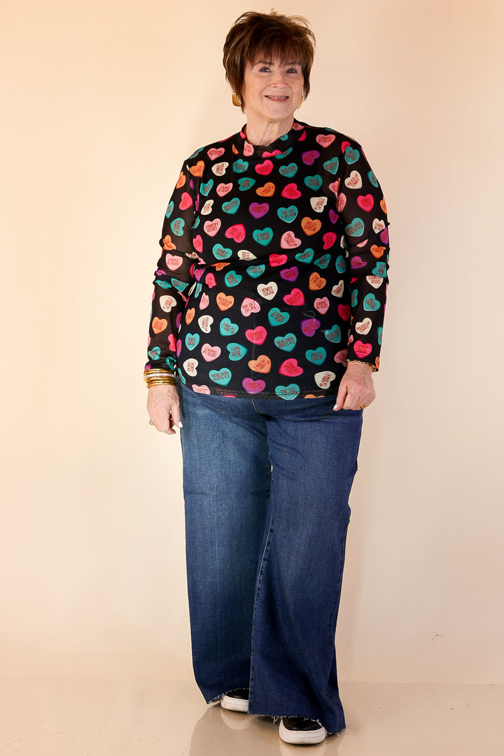 Sheer Confidence Western Theme Conversation Heart Print Mesh Long Sleeve Top in Black