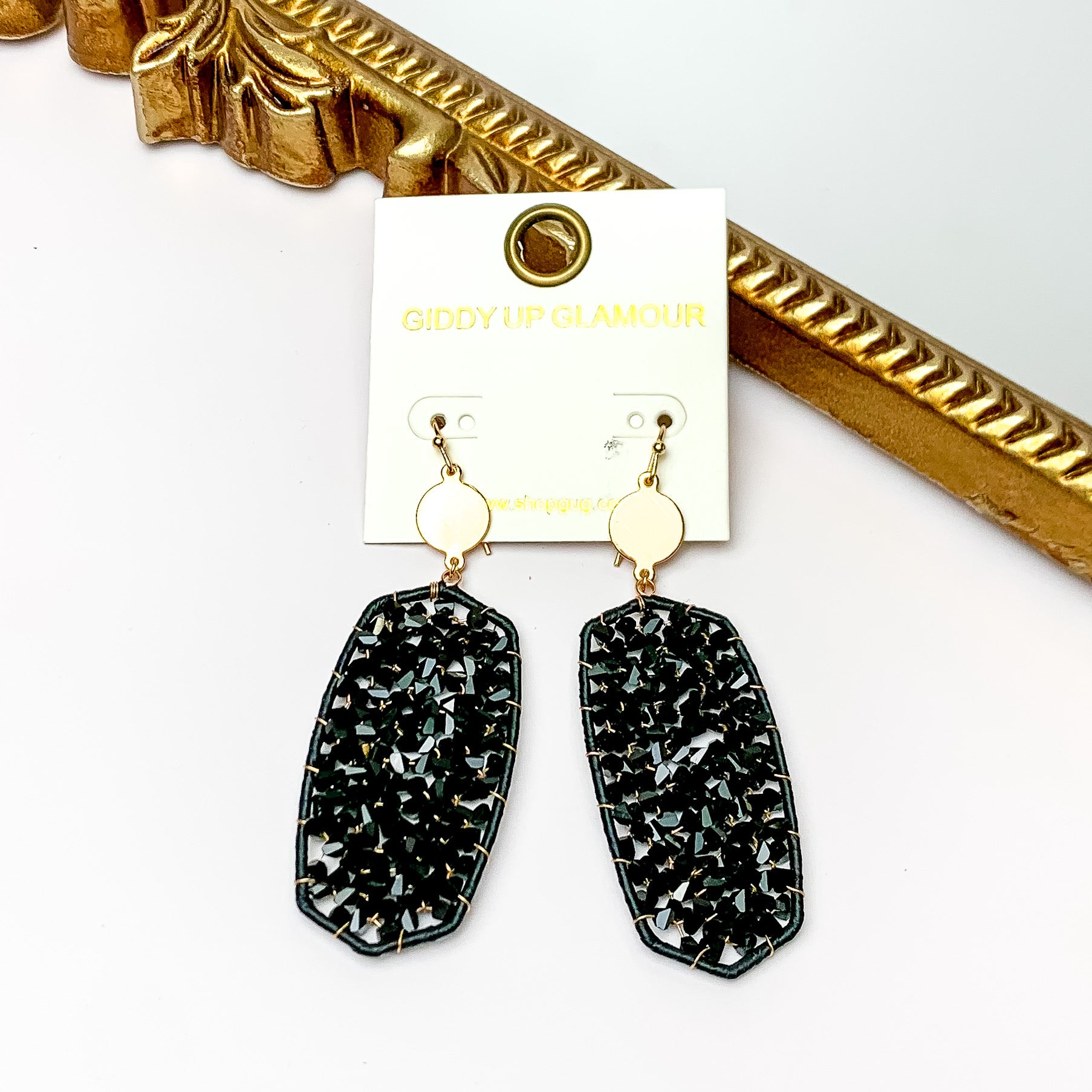 Black Large Drop Earrings with Gold Tone Accessory - Giddy Up Glamour Boutique