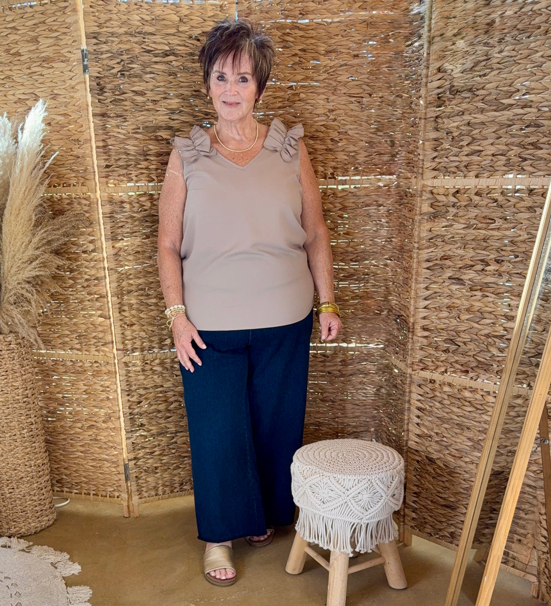 Ruffle Trim Sleeveless Top in Mocha