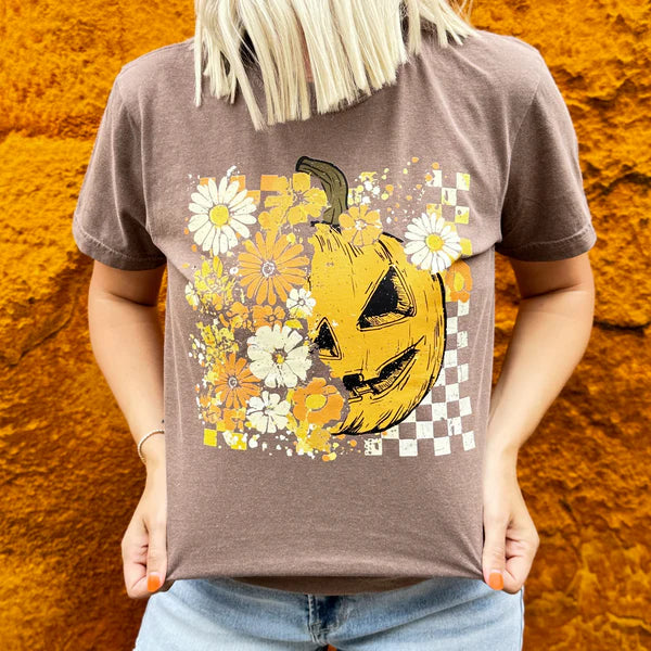 Online Exclusive | Half Pumpkin Half Flowers Short Sleeve Comfort Color Graphic Tee in Espresso Brown