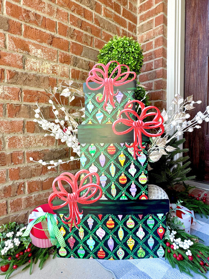 The Round Top Collection | Merry &amp; Bright Gift Stack Wrapped in Ornament Paper