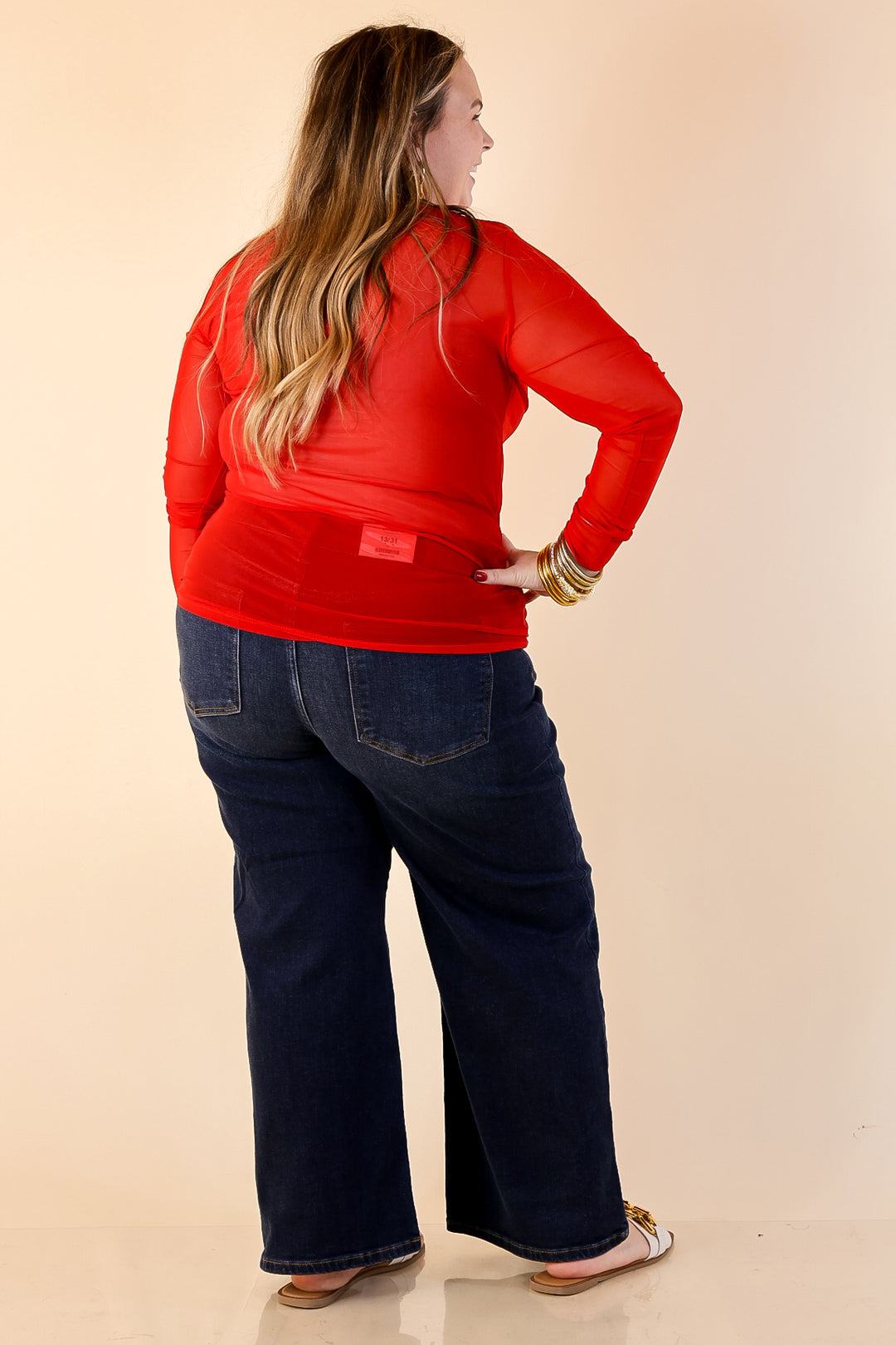 Sheer Confidence Solid Mesh Long Sleeve Top in Red