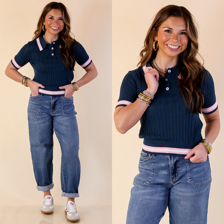 Simply Southern | Clean and Classic Collared Polo Top with Pink and Ivory Trim in Navy Blue