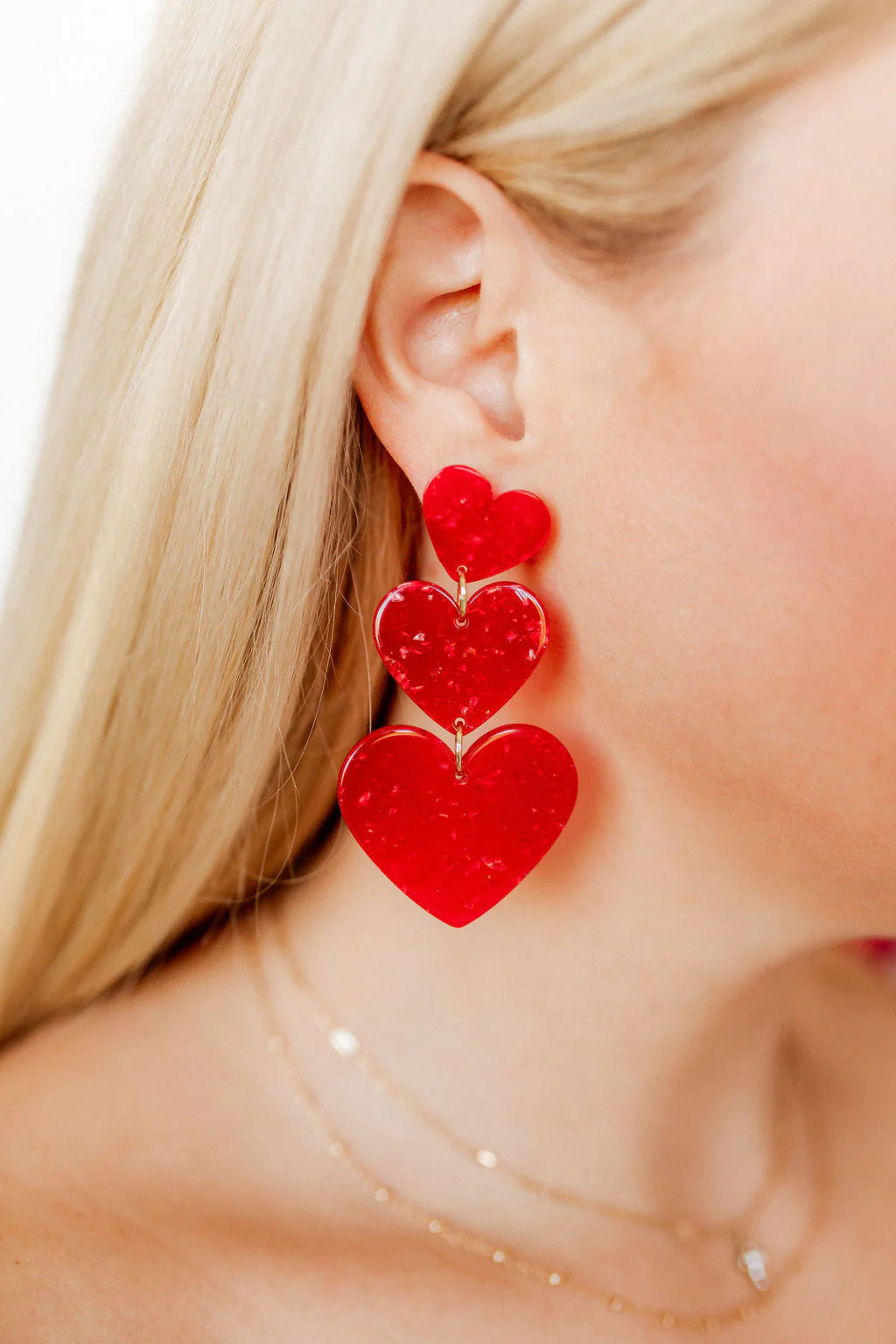 Linny Co | Penny Triple Tier Heart Drop Earrings in Hot Tamale Red